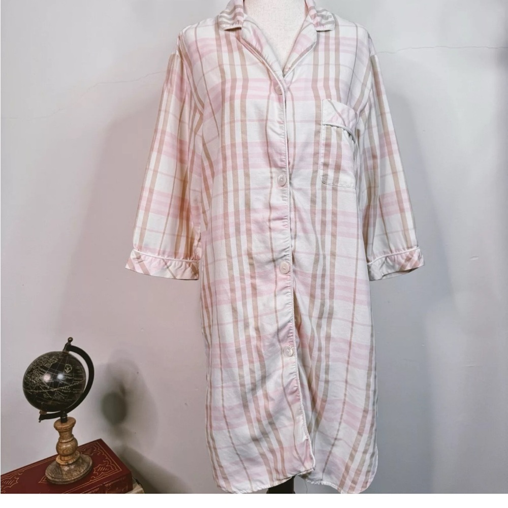 Burberry London Shirt Dress Button Up Pajama Pink Check Size Large